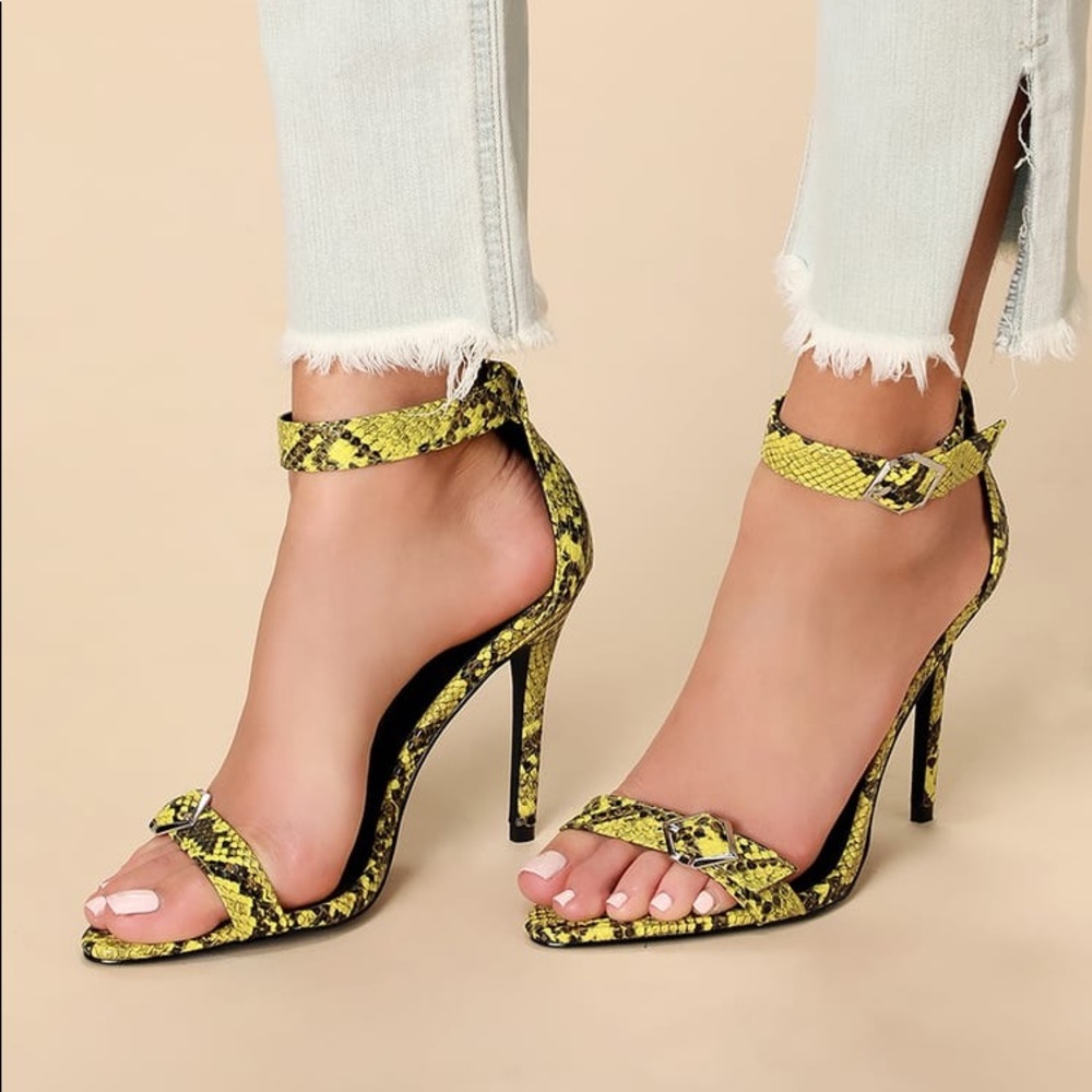 Trendy Yellow and Black Snake Ankle Strap Heels